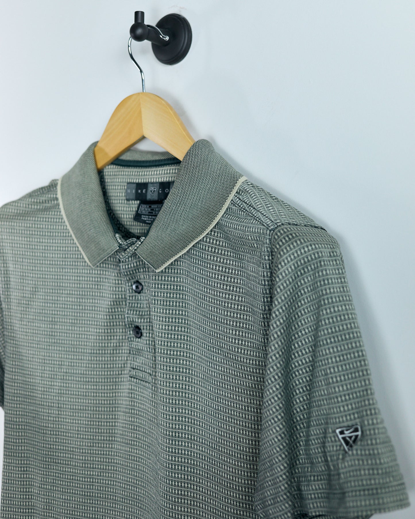 90s Nike Shield Logo Cream and Green Pattern Polo (M)