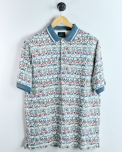 90s Greg Norman Cream and Blue Multicolour Pattern Polo (L)