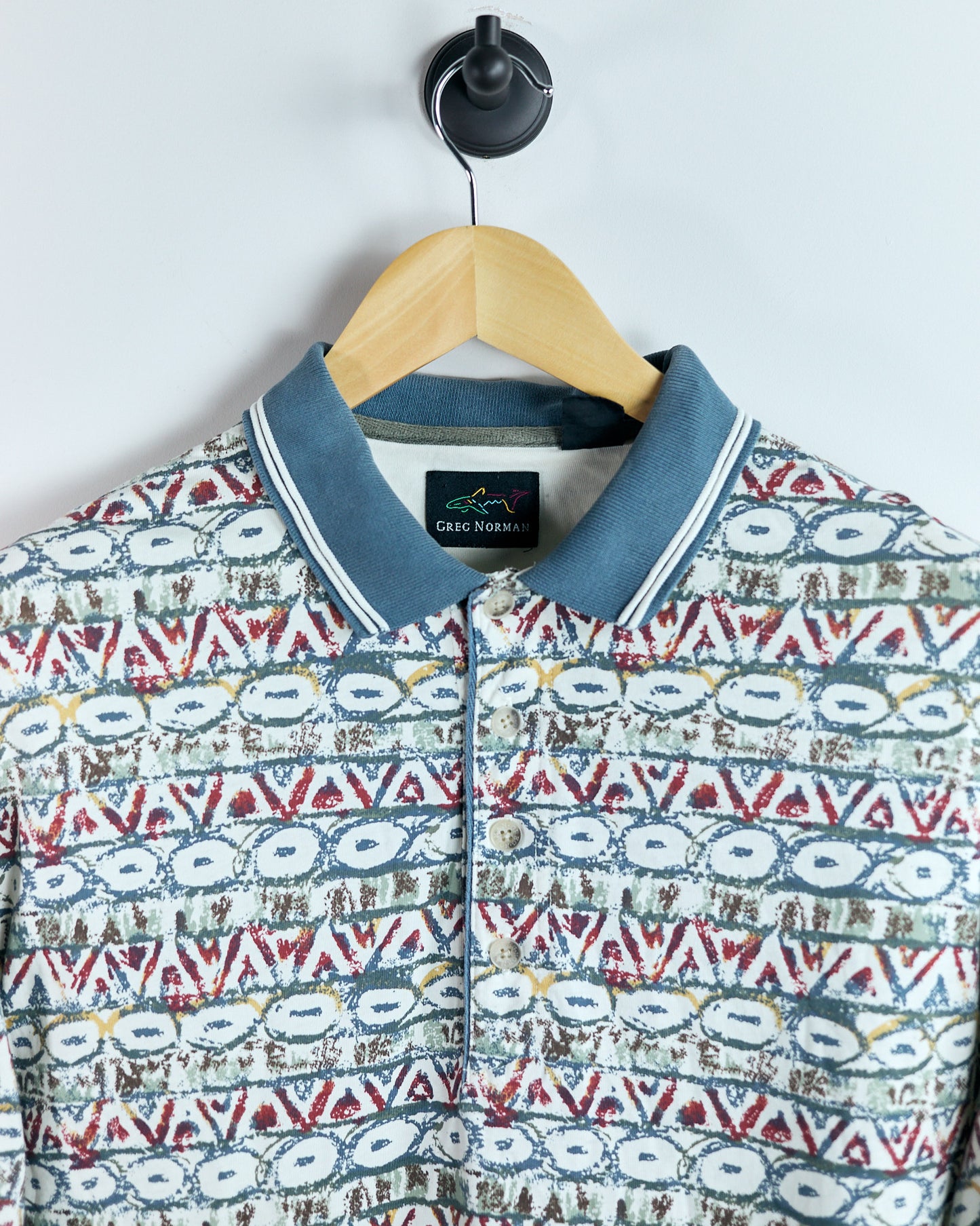 90s Greg Norman Cream and Blue Multicolour Pattern Polo (L)