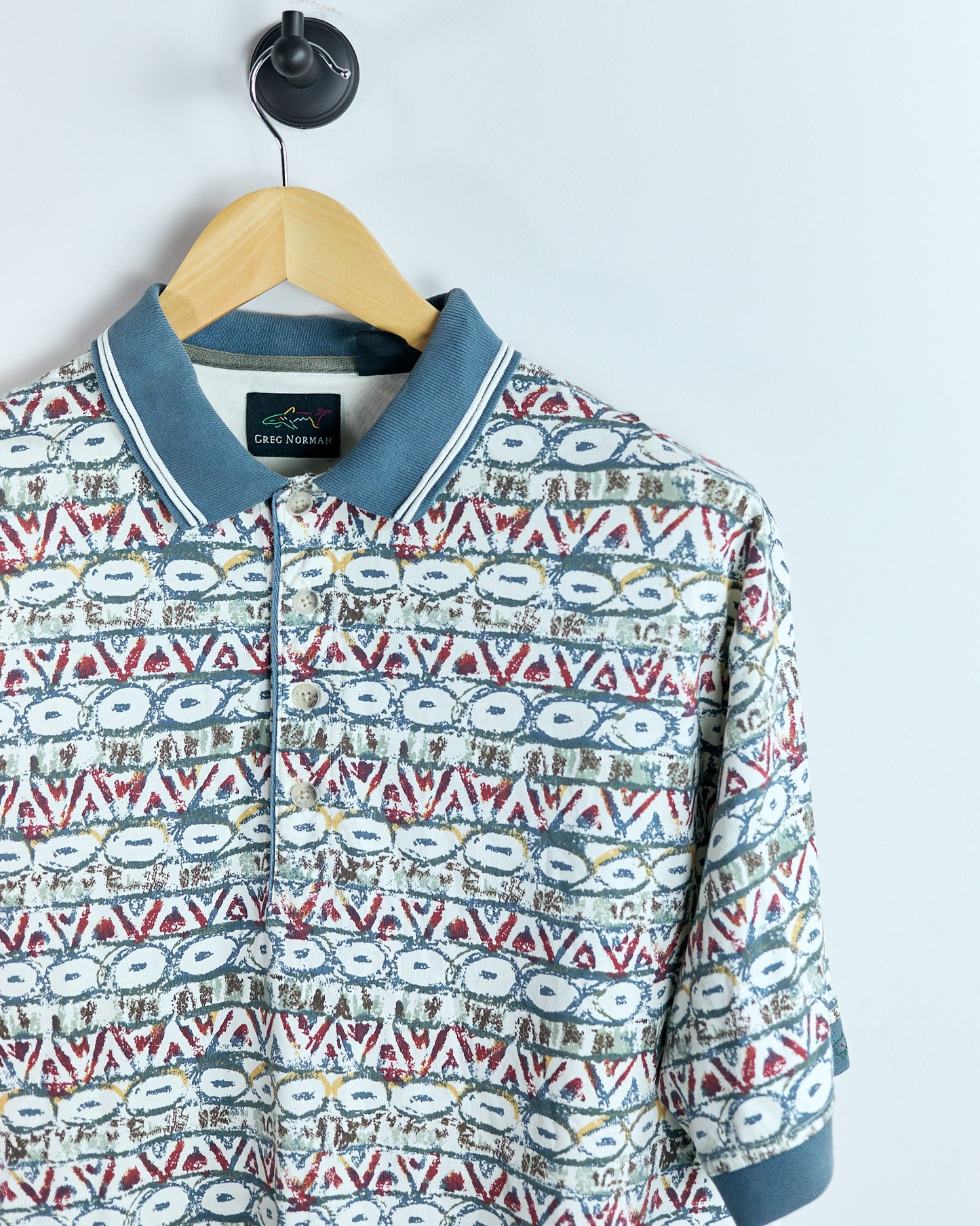 90s Greg Norman Cream and Blue Multicolour Pattern Polo (L)