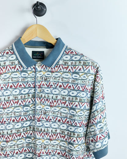 90s Greg Norman Cream and Blue Multicolour Pattern Polo (L)