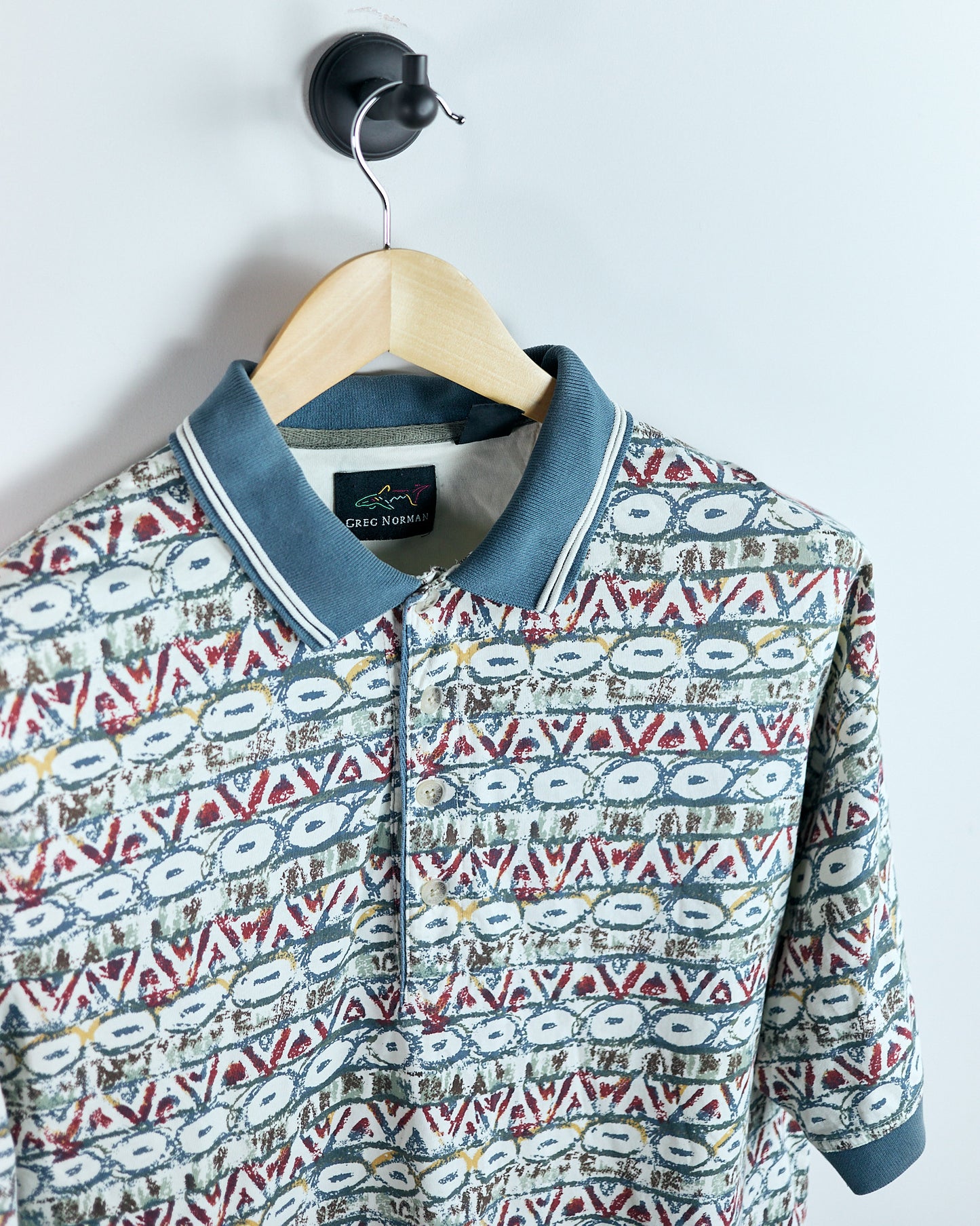 90s Greg Norman Cream and Blue Multicolour Pattern Polo (L)
