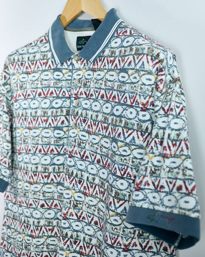 90s Greg Norman Cream and Blue Multicolour Pattern Polo (L)