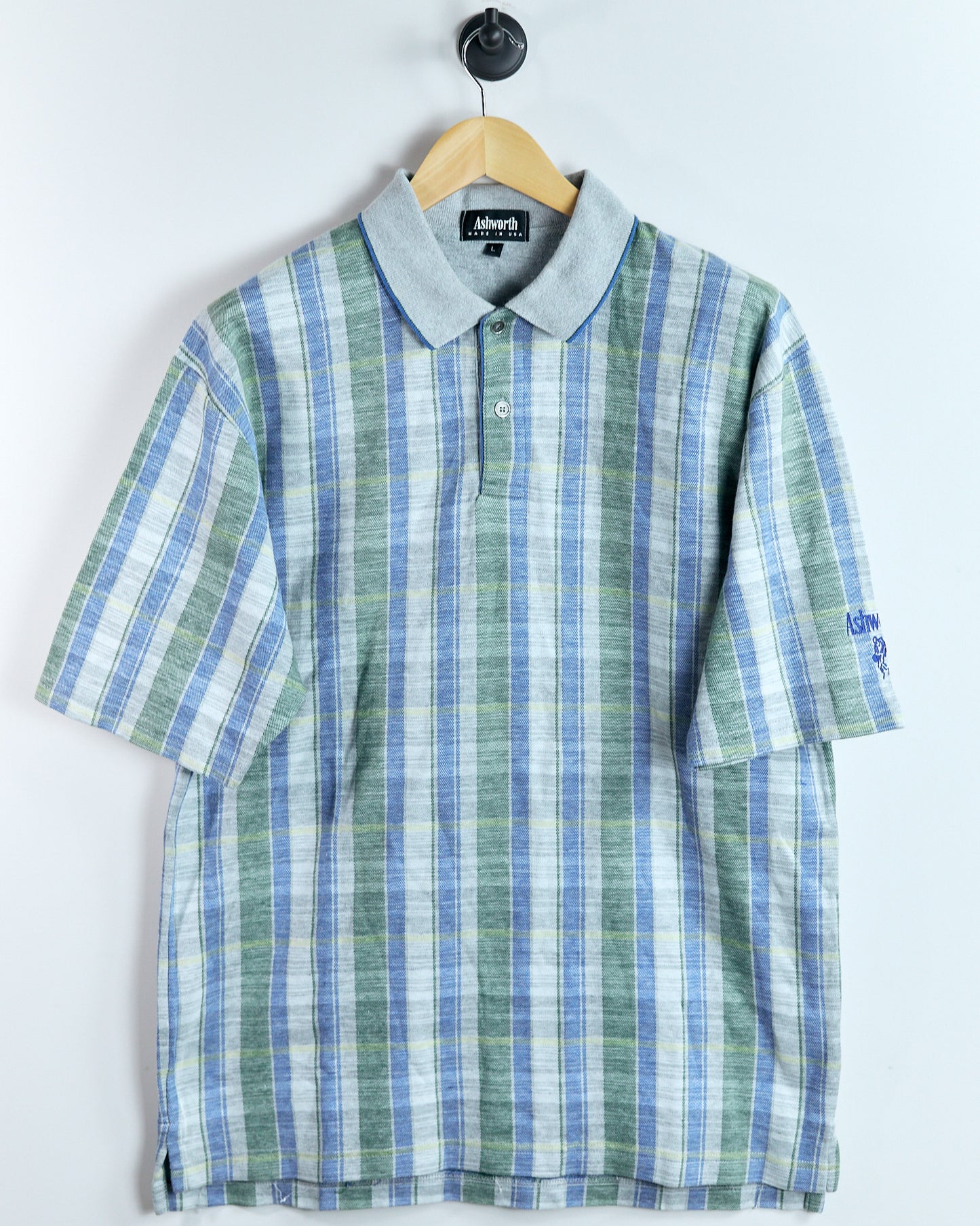 90s Ashworth Grey Multicolour Chequered Polo (L)