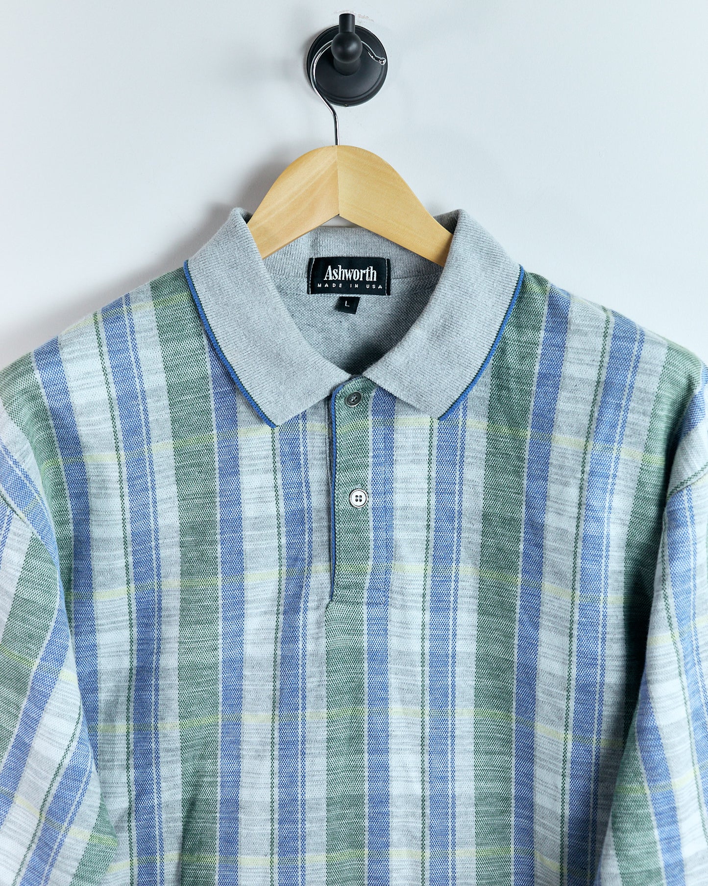 90s Ashworth Grey Multicolour Chequered Polo (L)