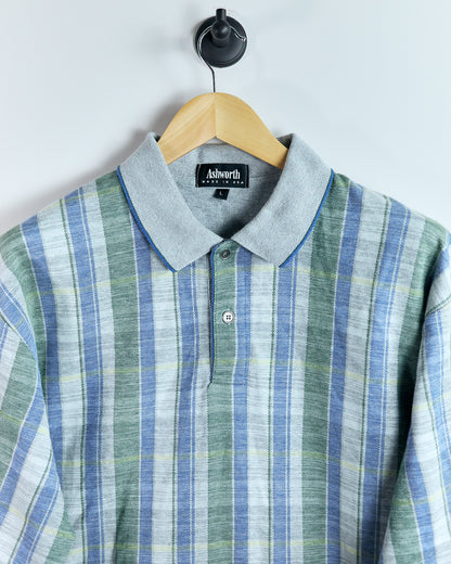 90s Ashworth Grey Multicolour Chequered Polo (L)