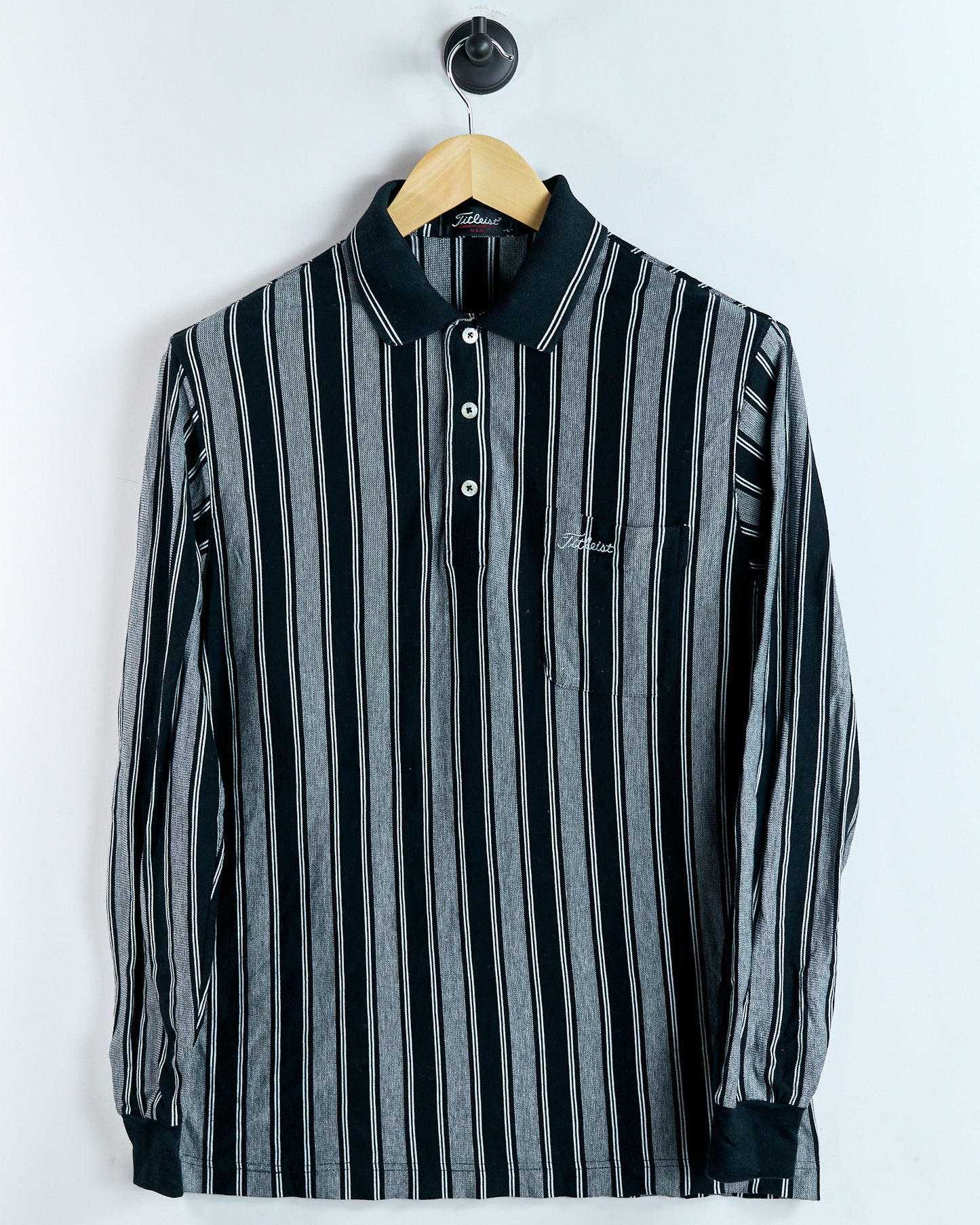 90s Titleist Black/White Striped Long Sleeve Polo (L)
