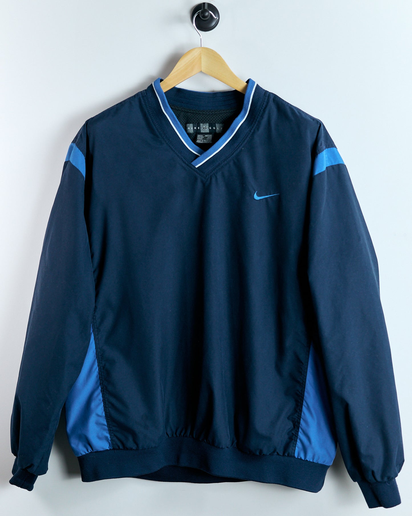 90s Nike Shield Logo Navy Blue V Neck Windbreaker (XL)