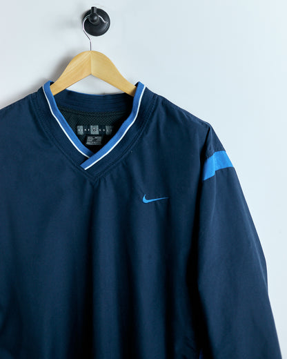 90s Nike Shield Logo Navy Blue V Neck Windbreaker (XL)
