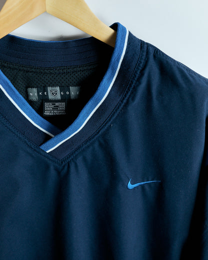 90s Nike Shield Logo Navy Blue V Neck Windbreaker (XL)