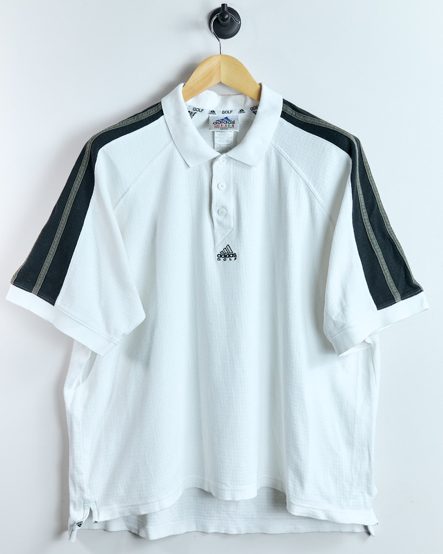90s Adidas White/Black Three Stripes Polo (L)