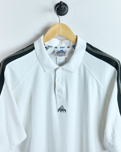 90s Adidas White/Black Three Stripes Polo (L)