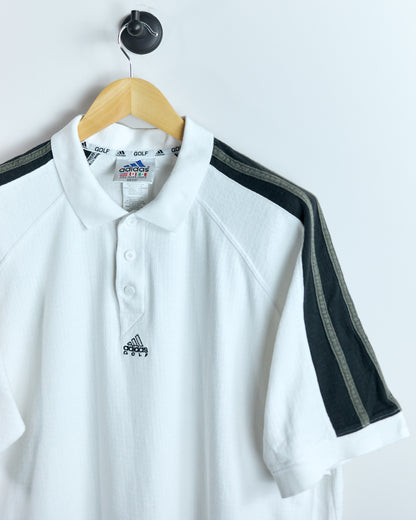 90s Adidas White/Black Three Stripes Polo (L)