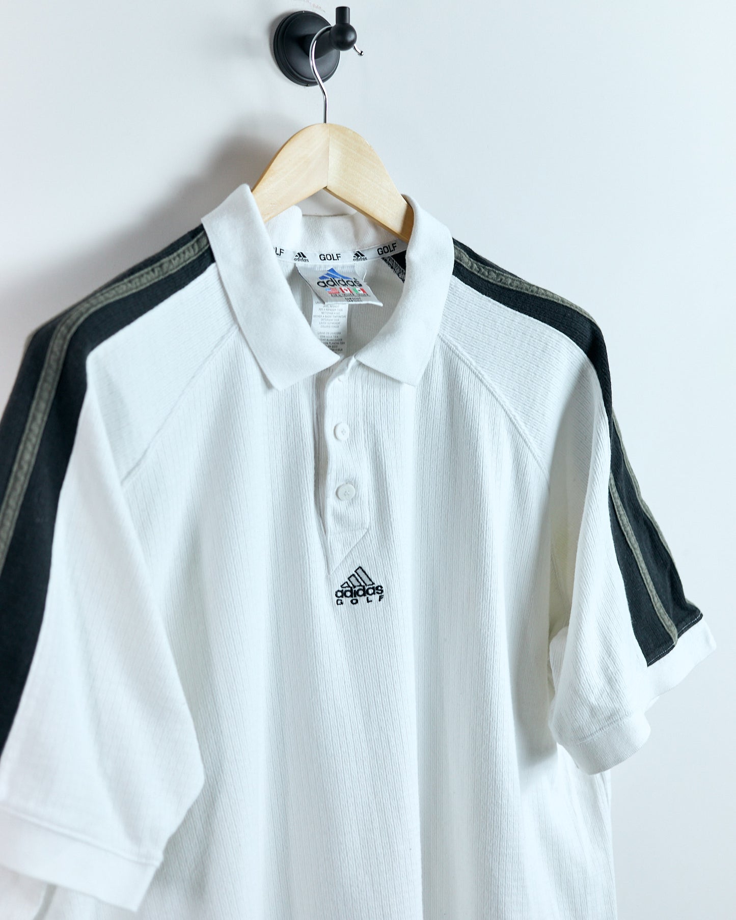 90s Adidas White/Black Three Stripes Polo (L)
