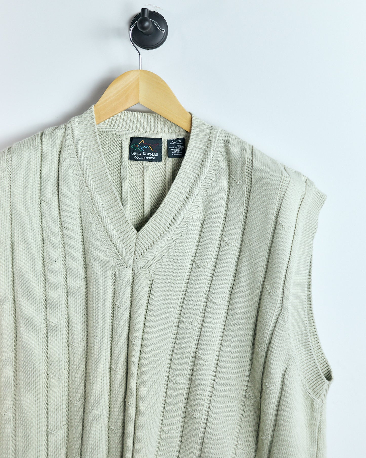 90s Greg Norman Beige Knitted V Neck Vest (XL)