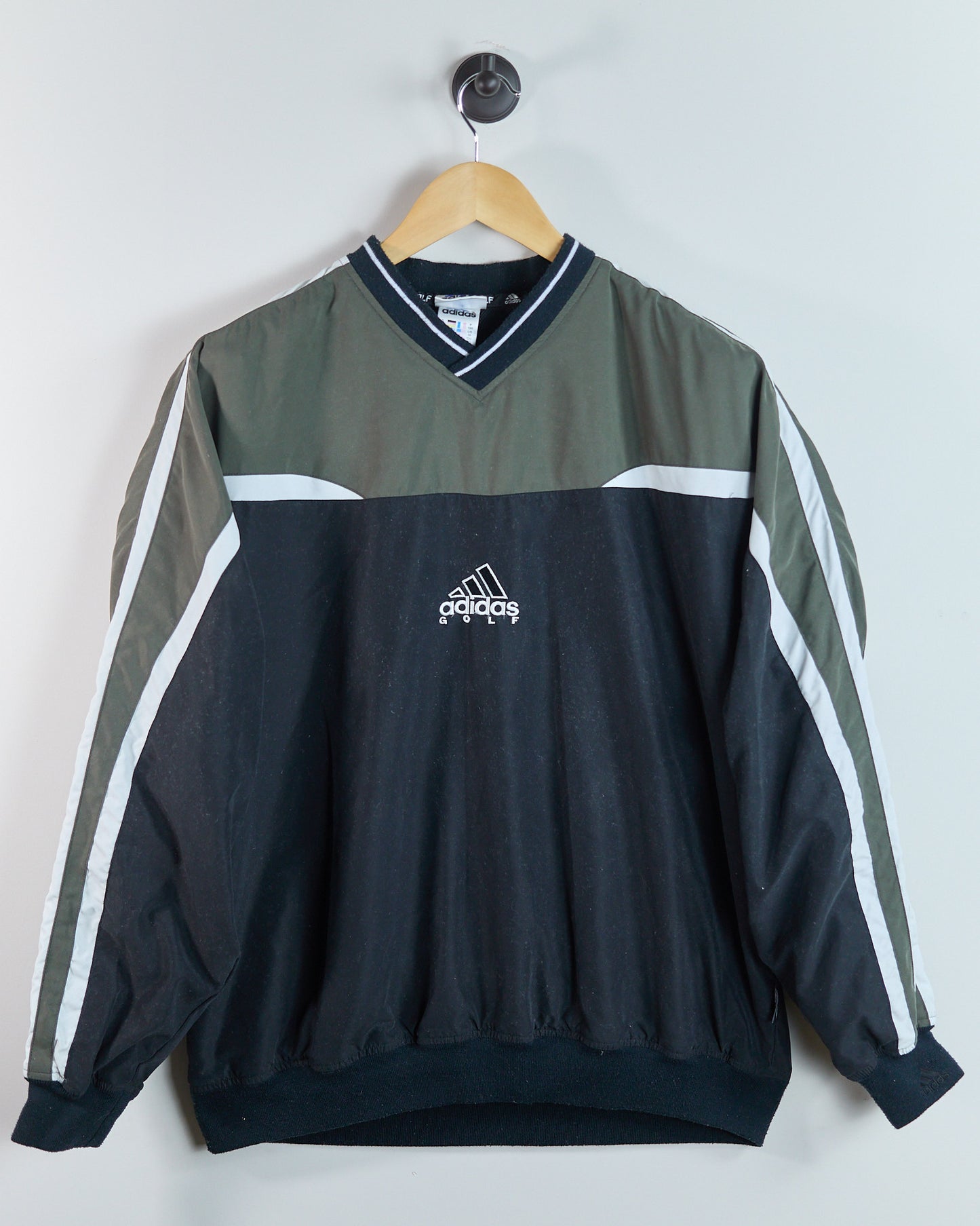 90s Adidas Golf Black and Green V Neck Windbreaker (M)