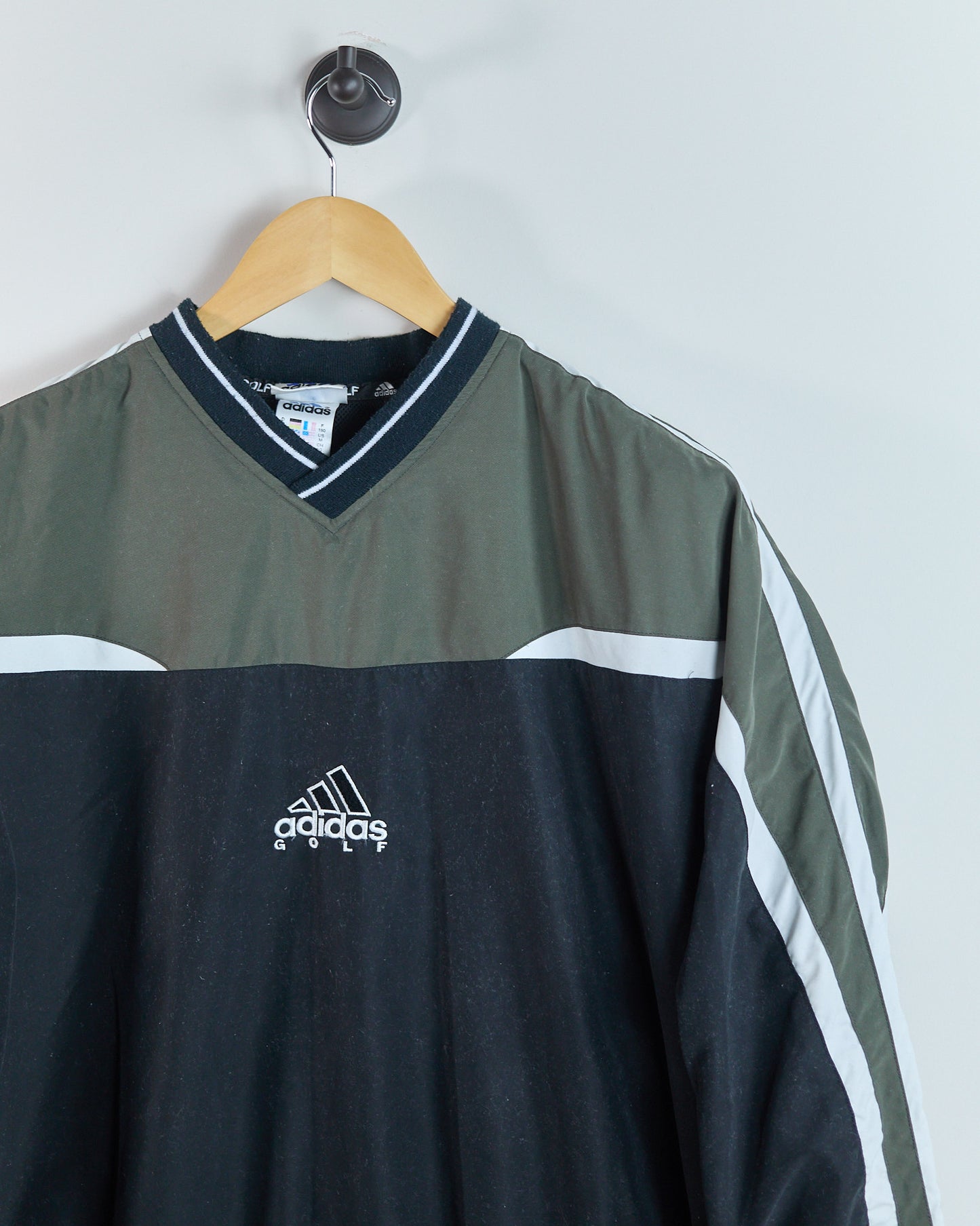 90s Adidas Golf Black and Green V Neck Windbreaker (M)
