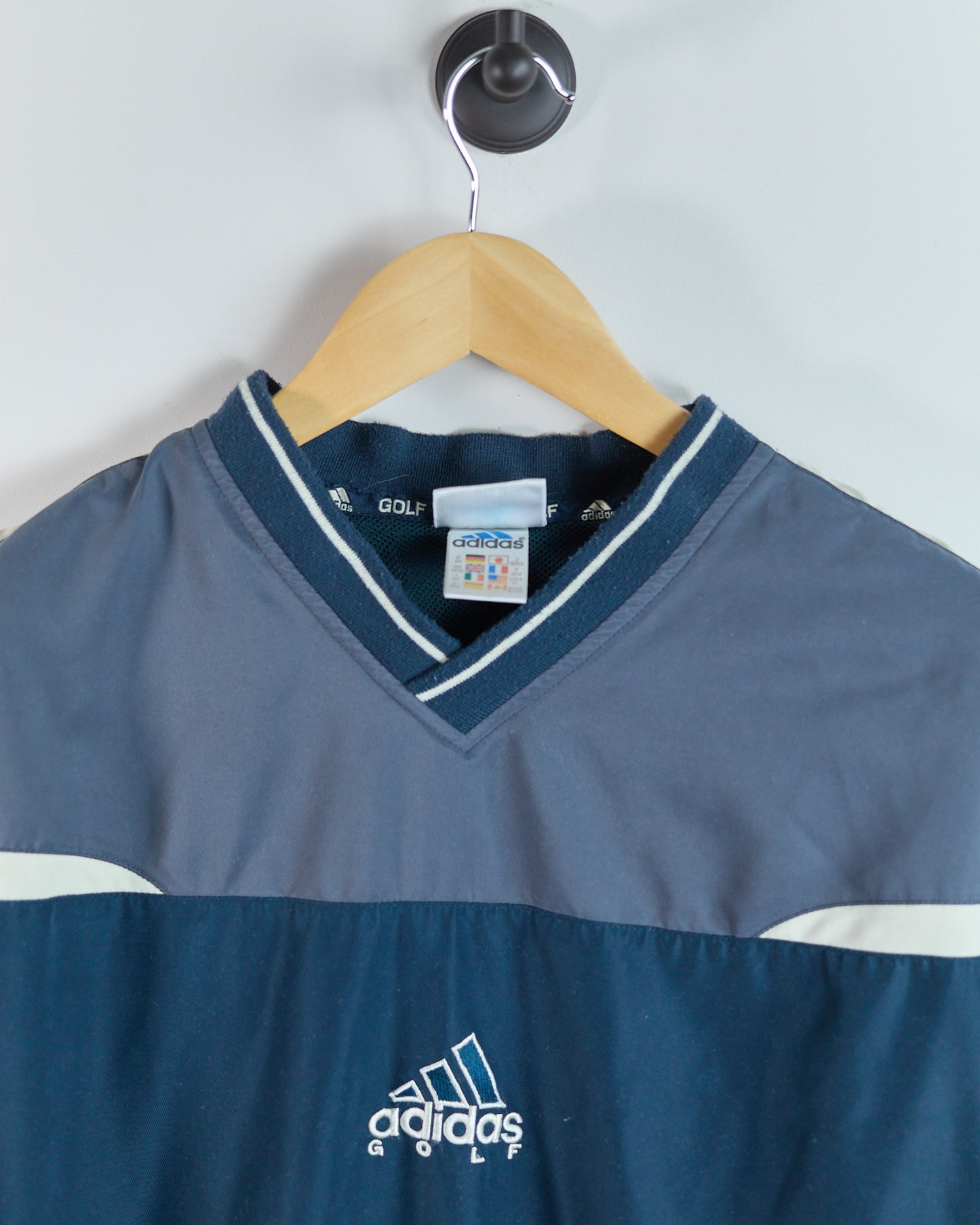 90s Adidas Golf Dark Blue/Grey V Neck Windbreaker (XL)