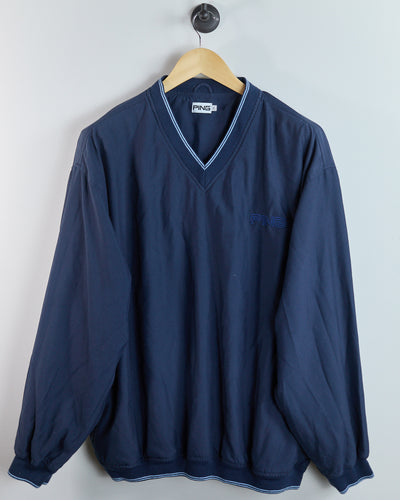 90s Ping Dark Blue/Light Blue V Neck Windbreaker (XL)