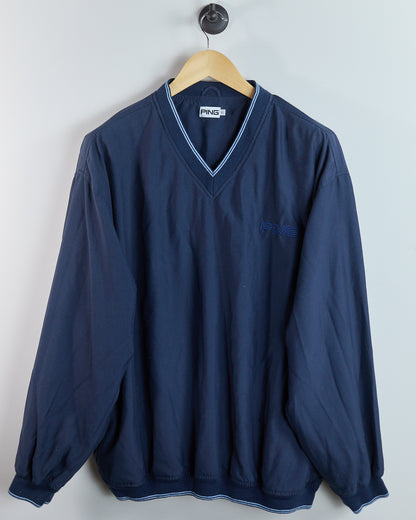 90s Ping Dark Blue/Light Blue V Neck Windbreaker (XL)