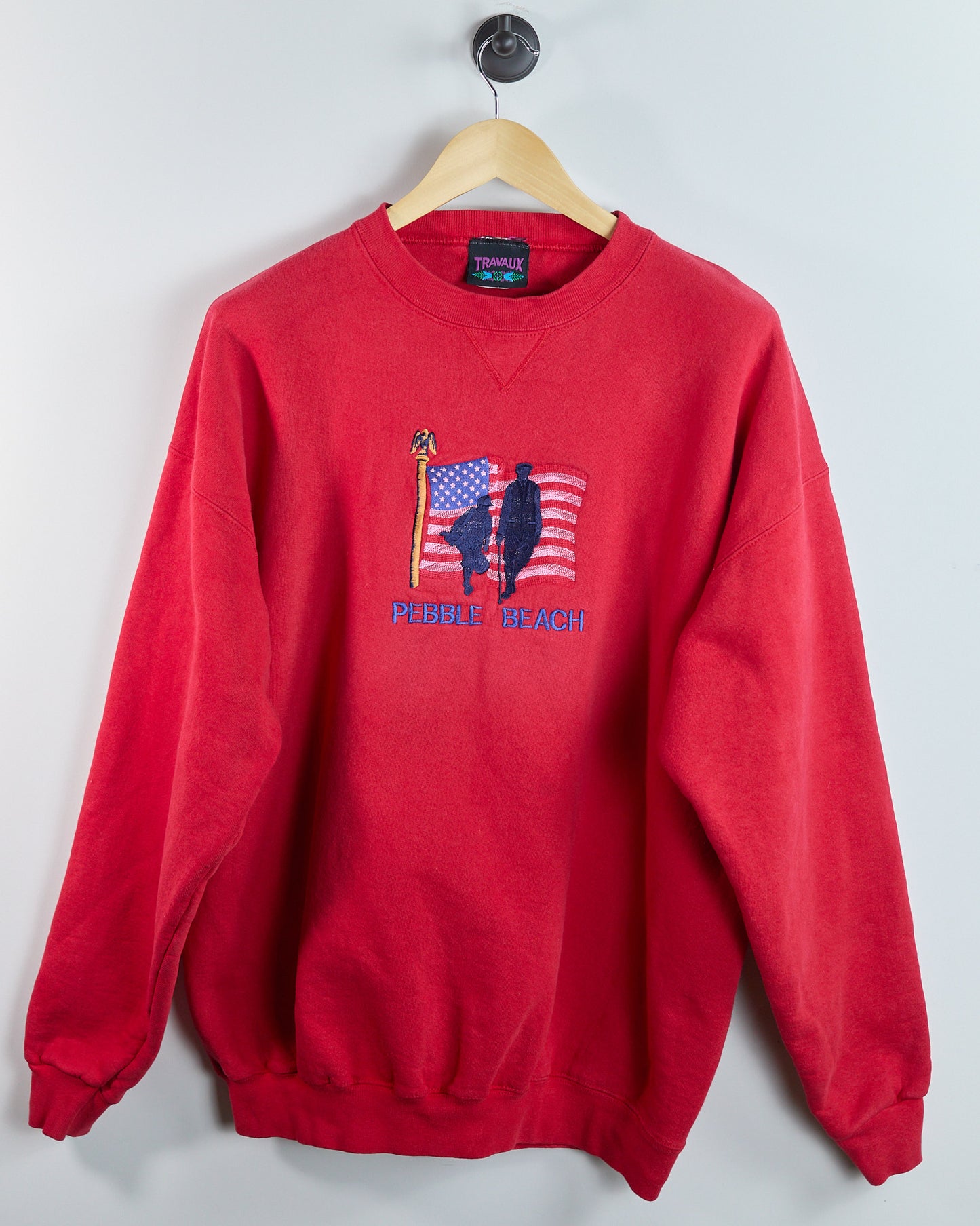 90s Travaux Red Pebble Beach Crew Neck Jumper (XL)