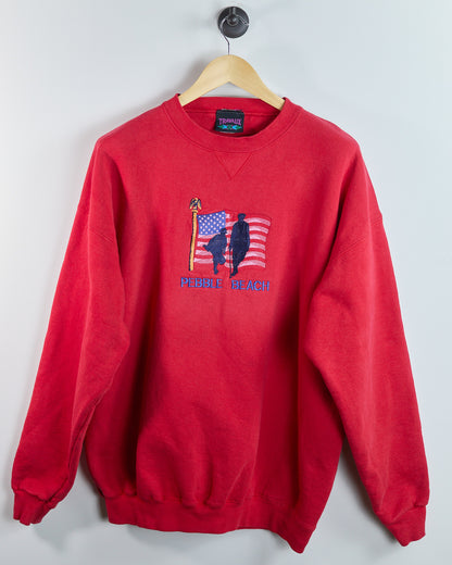 90s Travaux Red Pebble Beach Crew Neck Jumper (XL)