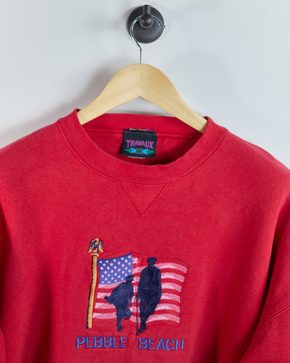 90s Travaux Red Pebble Beach Crew Neck Jumper (XL)