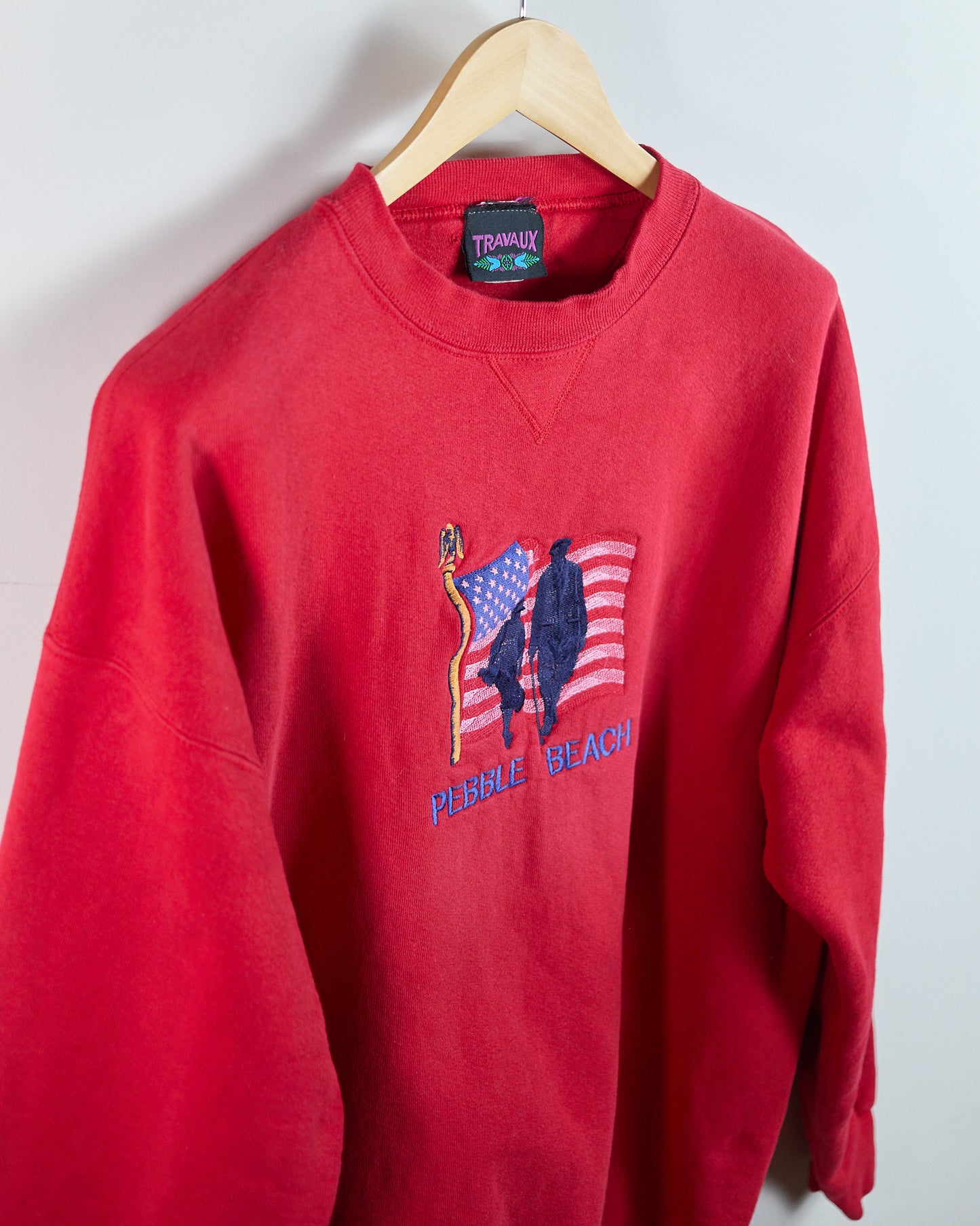 90s Travaux Red Pebble Beach Crew Neck Jumper (XL)