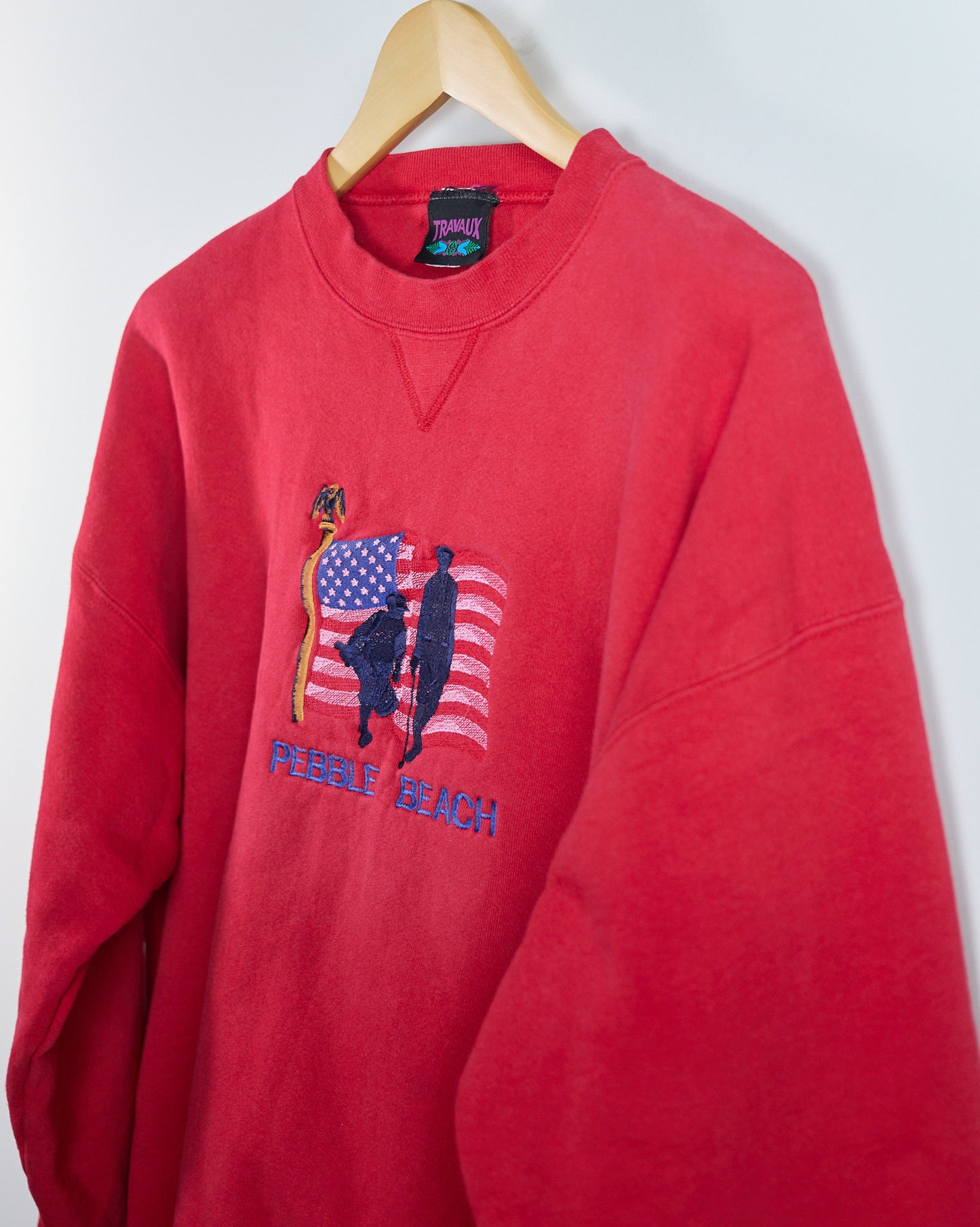 90s Travaux Red Pebble Beach Crew Neck Jumper (XL)