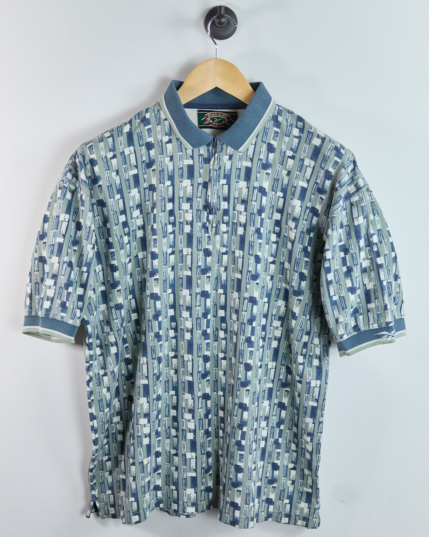 90s Reebok Sage/Green Pattern Zip Up Polo (M)