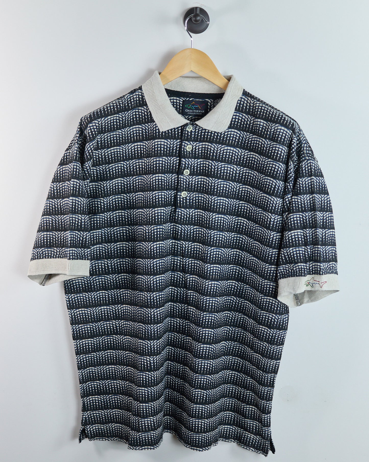 90s Greg Norman Navy/Cream Pattern Polo (L)