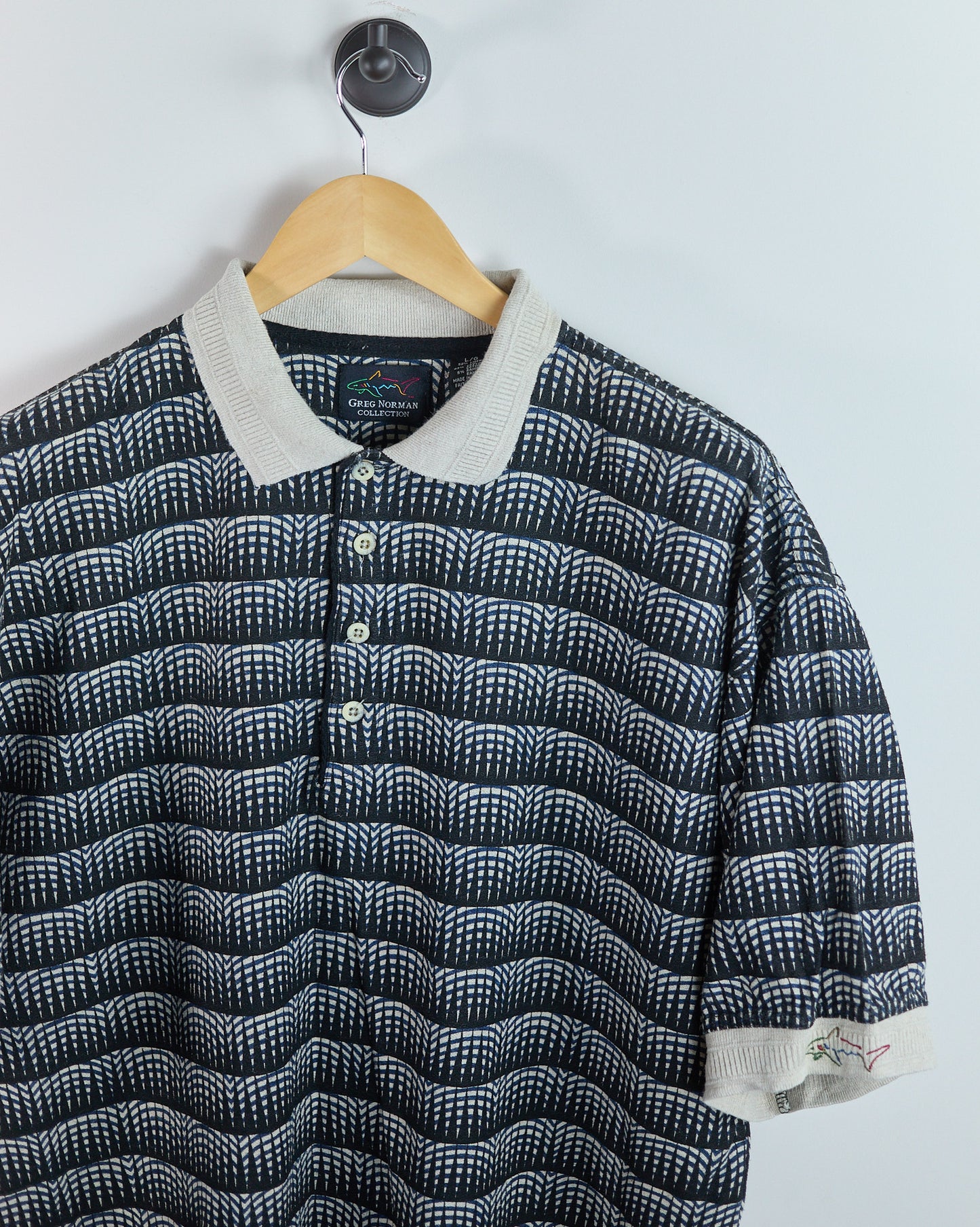 90s Greg Norman Navy/Cream Pattern Polo (L)