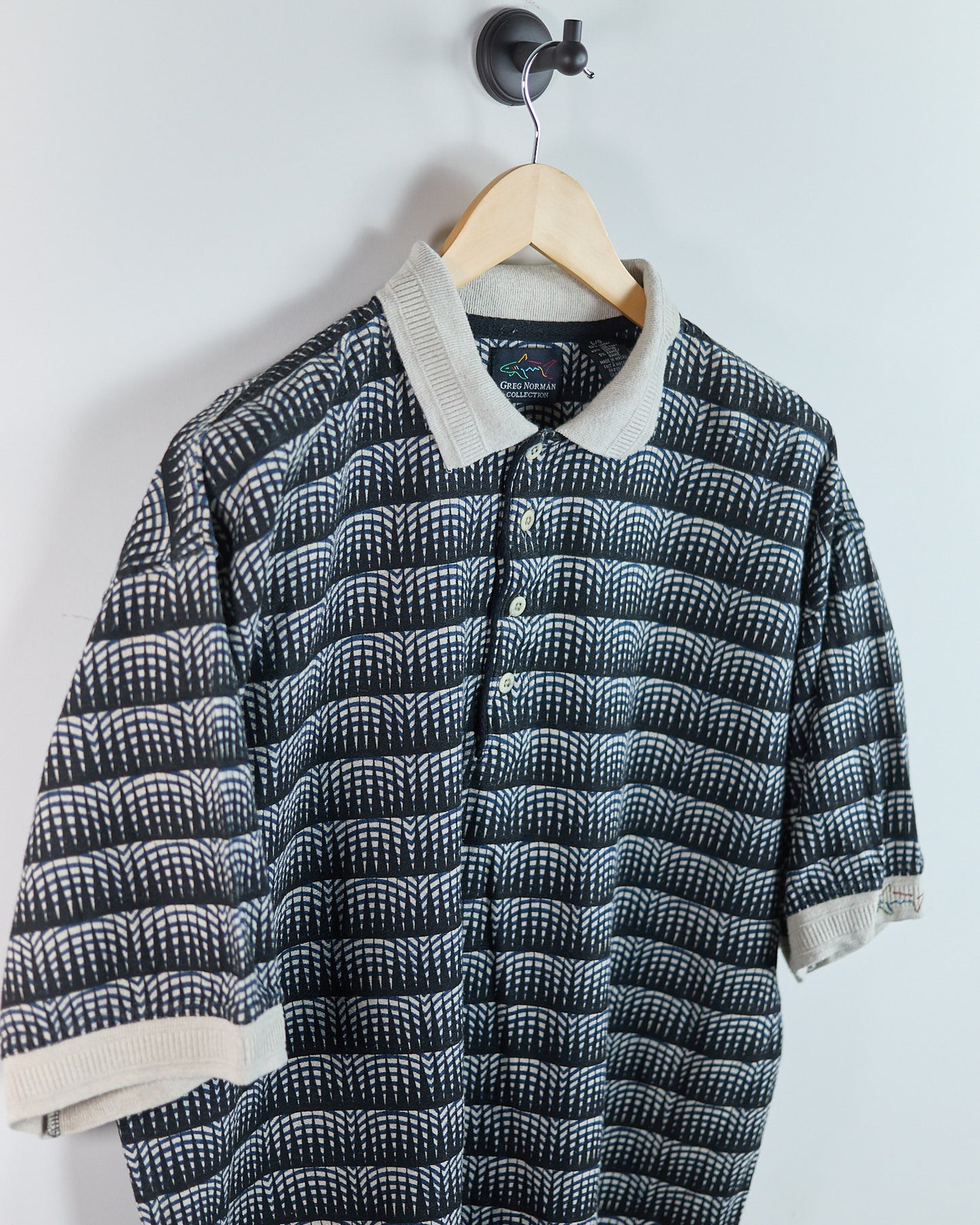 90s Greg Norman Navy/Cream Pattern Polo (L)
