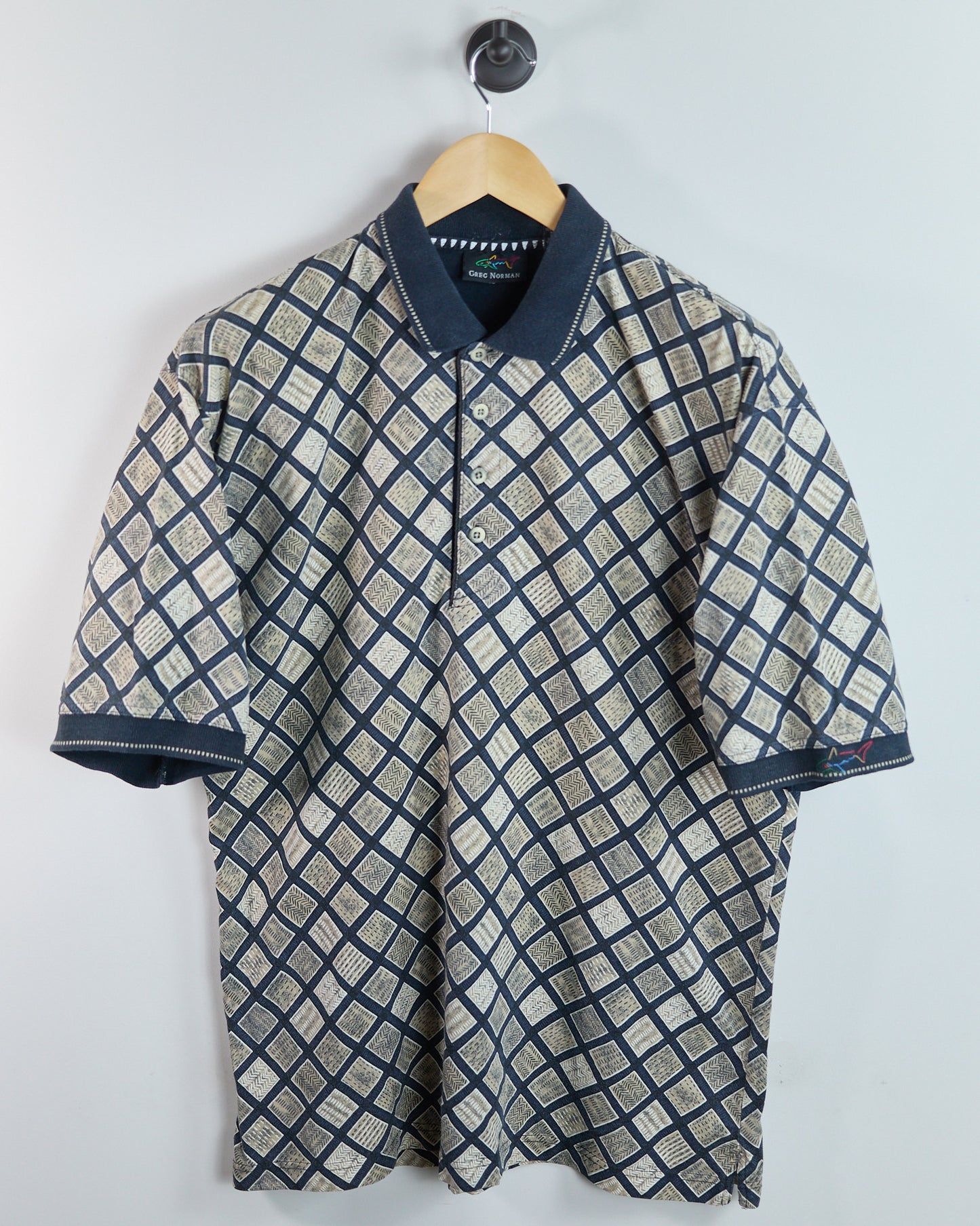 90s Greg Norman Navy/Cream Pattern Polo (L)