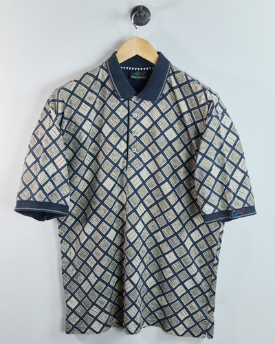 90s Greg Norman Navy/Cream Pattern Polo (L)
