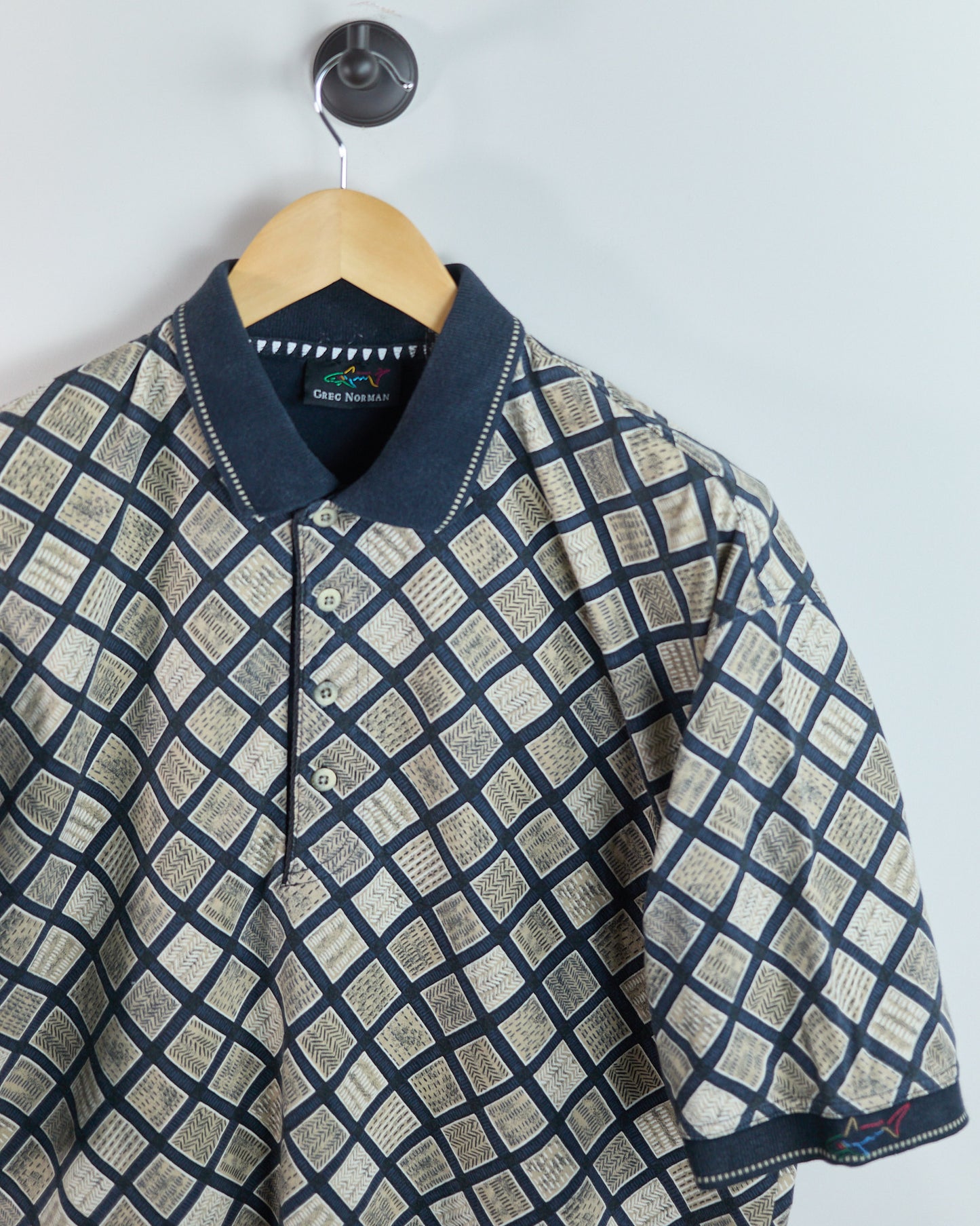 90s Greg Norman Navy/Cream Pattern Polo (L)