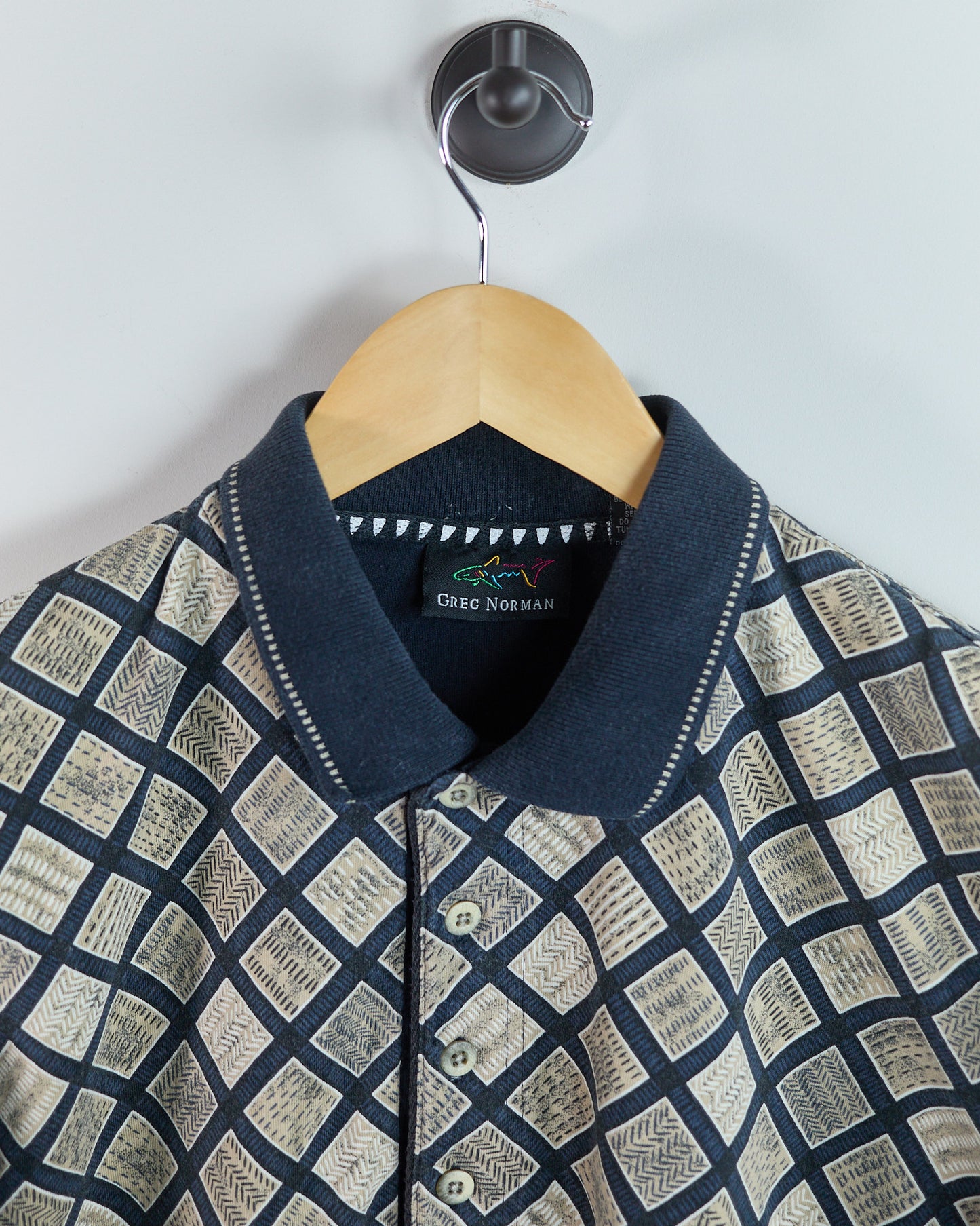 90s Greg Norman Navy/Cream Pattern Polo (L)