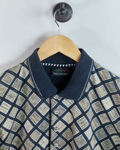 90s Greg Norman Navy/Cream Pattern Polo (L)