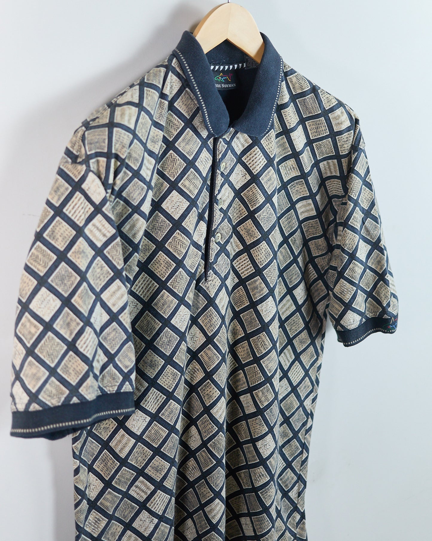 90s Greg Norman Navy/Cream Pattern Polo (L)
