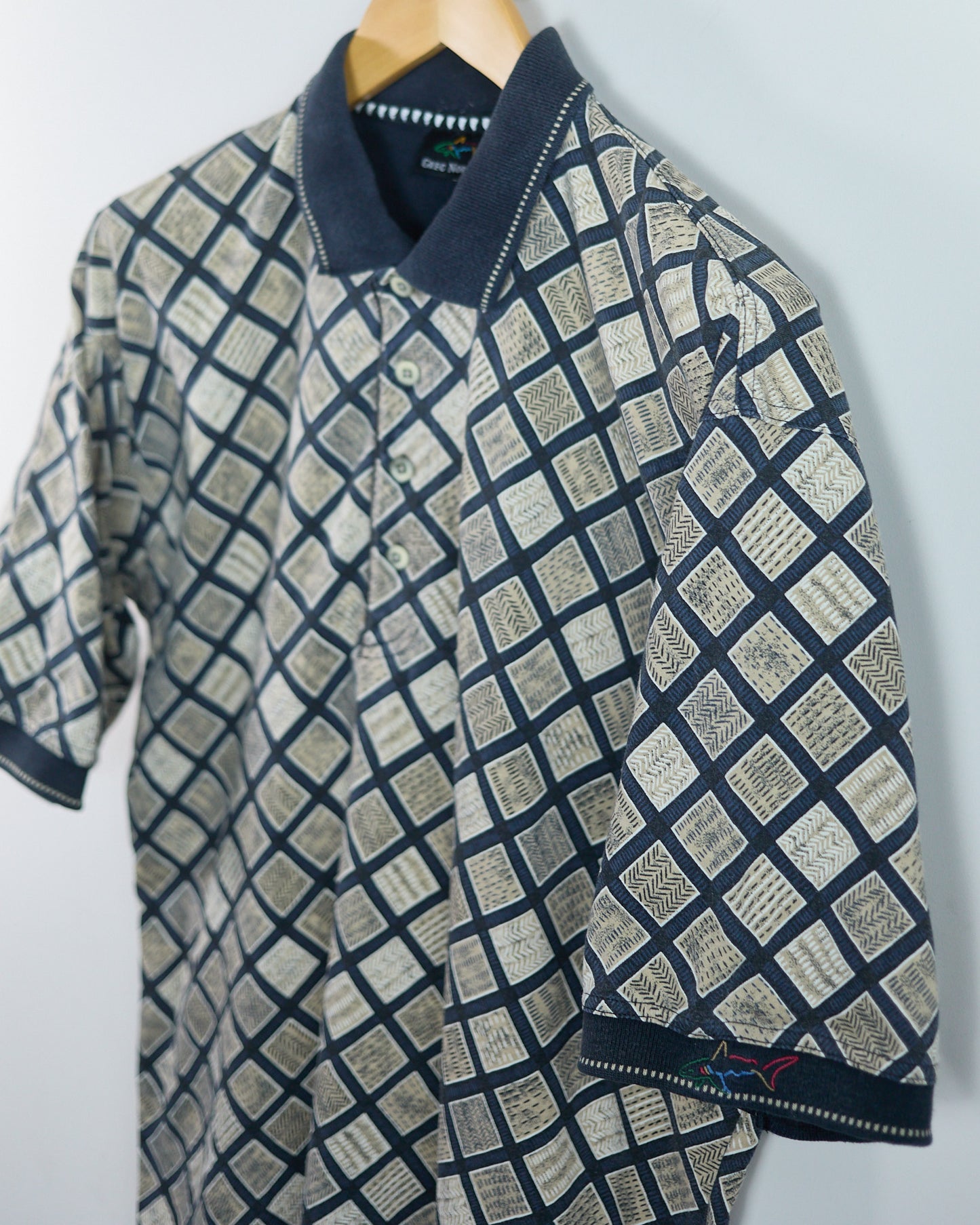 90s Greg Norman Navy/Cream Pattern Polo (L)