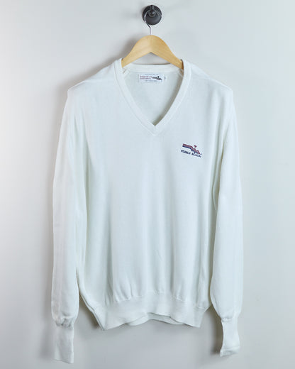 80s Pebble Beach White Pebble Beach V Neck Jumper (XL)