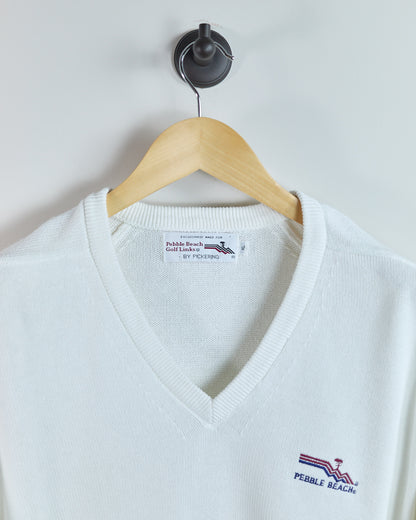 80s Pebble Beach White Pebble Beach V Neck Jumper (XL)