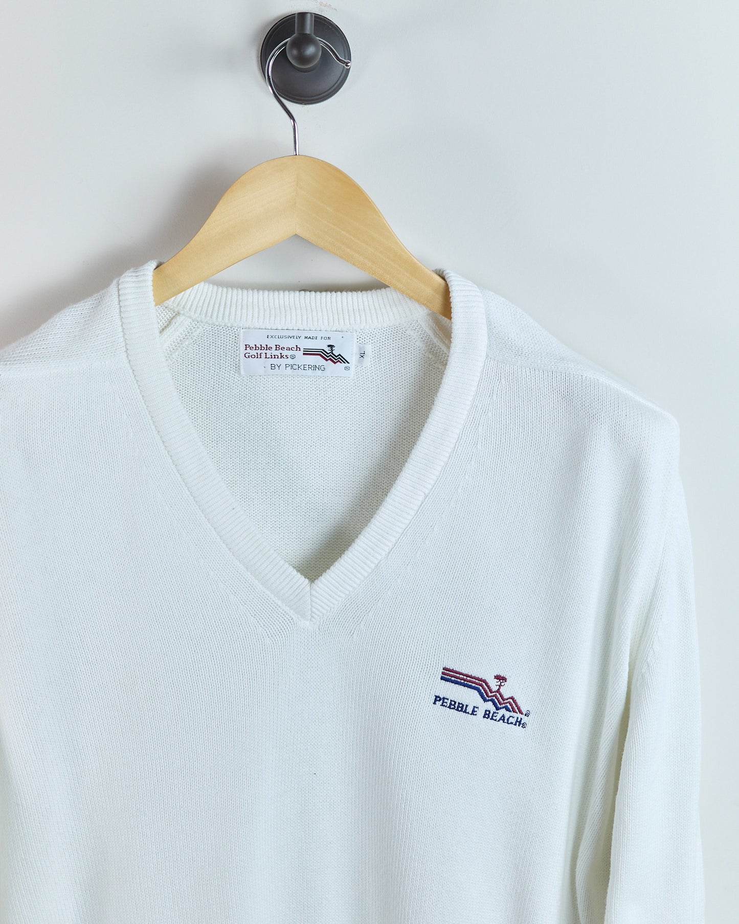 80s Pebble Beach White Pebble Beach V Neck Jumper (XL)