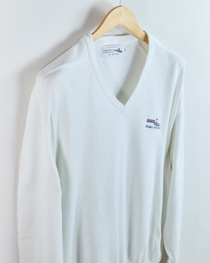 80s Pebble Beach White Pebble Beach V Neck Jumper (XL)