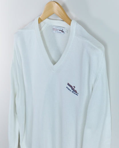 80s Pebble Beach White Pebble Beach V Neck Jumper (XL)