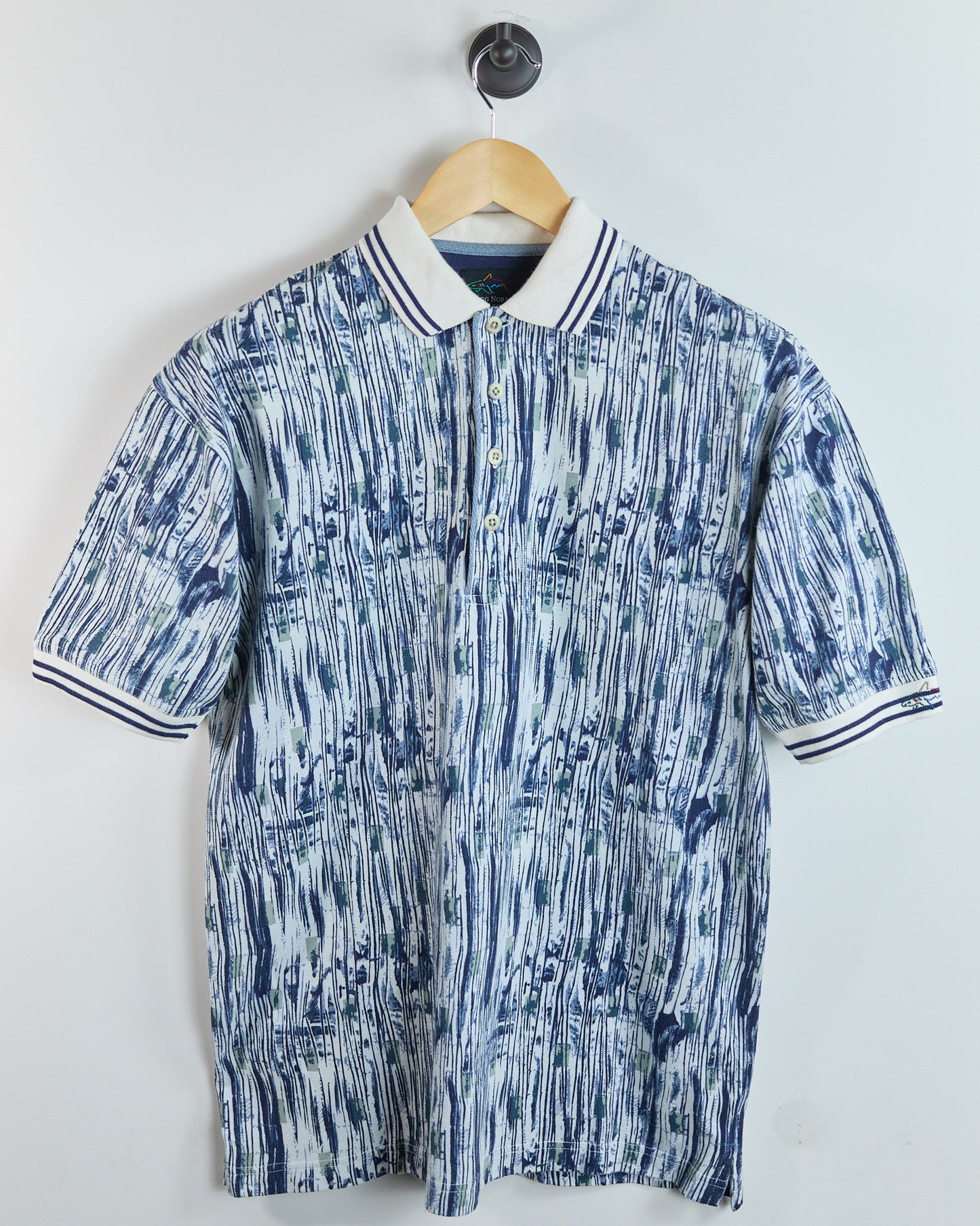 90s Greg Norman White/Navy Pattern Polo (S but larger)
