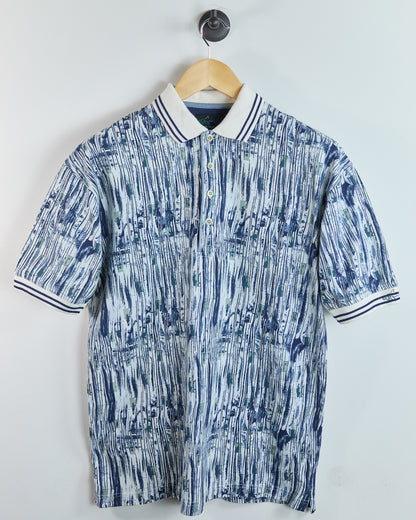 90s Greg Norman White/Navy Pattern Polo (S but larger)