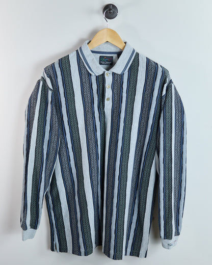 90s Greg Norman Light Grey/Navy Long Sleeve Stripe Polo (L)
