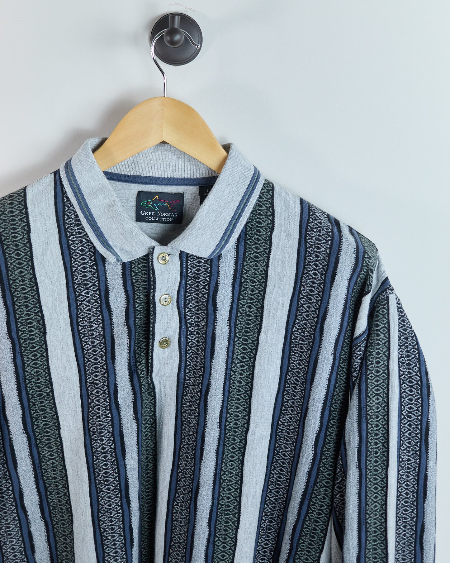 90s Greg Norman Light Grey/Navy Long Sleeve Stripe Polo (L)