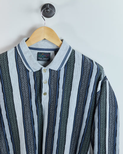 90s Greg Norman Light Grey/Navy Long Sleeve Stripe Polo (L)